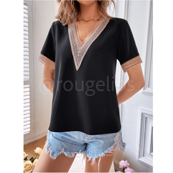 Black Casual Top V-Neck Embroidered Details Short Sleeves - Picture 5 of 9
